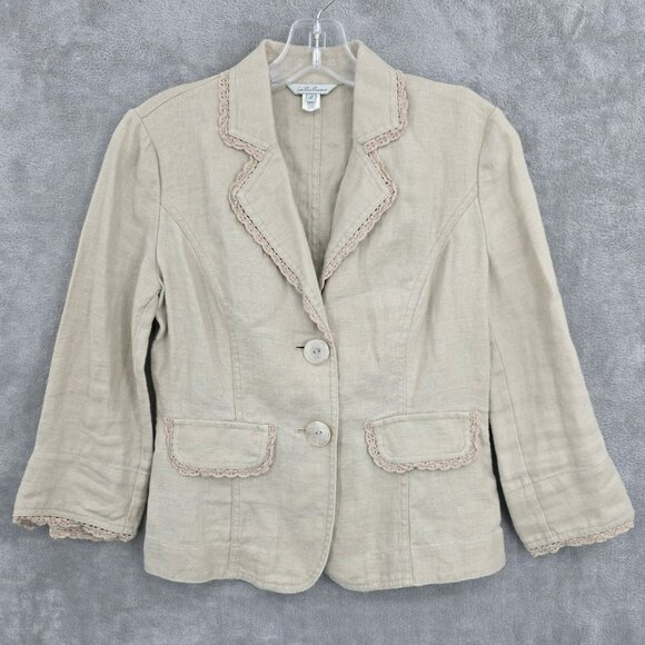 Intuitions Cropped Blazer 2 Natural Linen Lace Trim Floral Buttons Cottagecore - Picture 13 of 13